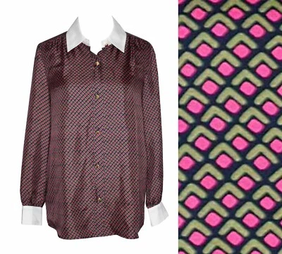 W by WORTH 2 Silk Blouse Retro Pink Green Geo Print White Collared Button Up Foto 1 de 4