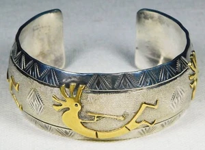 NAVAJO VIRGIL READER STERLING Brass Overlay HANDMADE KOKOPELLI CUFF BRACELET - Picture 1 of 6