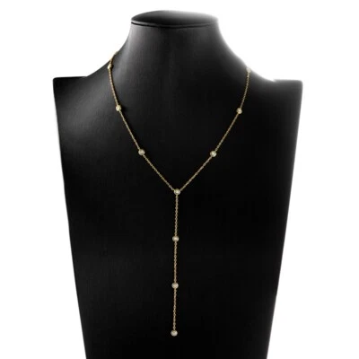 3mm Moissanite Station Necklace Tassel Chain 925 Sterling Silver 18K Gold Plated - Image 1 of 4