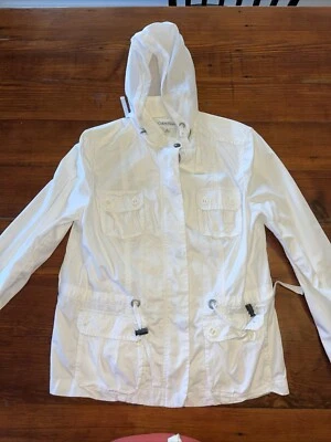 Cortavientos de algodón con capucha Calvin Klein para mujer - blanco - talla M usado en excelente estado Foto 1 de 4