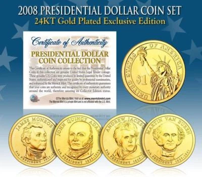 2008 EUA PERFEITO ESTADO 24k folheado a ouro presidencial $1 dólar 4 moedas conjunto com caixa de presente - Imagem 1 de 2