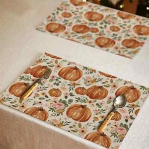 Pumpkin Floral Fall Placemats Set of 4, 12x18 Inch Seasonal Autumn Table Mats - Picture 1 of 6