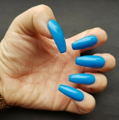 GLAM & GLITS 12x Painted Gel Press On False Nails Riviera Blue Coffin Stiletto Square Oval