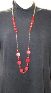 Böhmische rote runde Scheibe Perlen goldfarbene Kette Halskette 19" Vintage - Bild 1 von 5