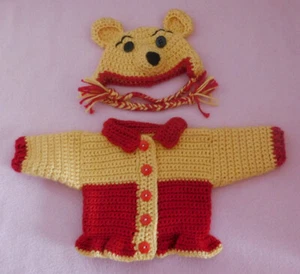 Doll Clothes Outfit, Crochet Sweater, Red Yel Winnie Sweater & Hat Fits 18" Doll - Picture 1 of 6