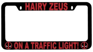 Black METAL Hairy Zeus On A Traffic Light License Plate Frame Auto Deadpool - Foto 1 di 1