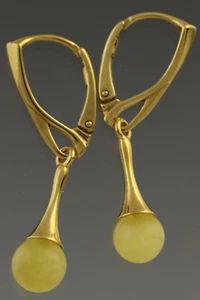 White Round Beads Genuine BALTIC AMBER Gold Plated Silver Earrings 3.2g 180613-1 - Picture 1 of 3