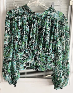 Zara Top Lg Bell Sleeve Gathered Waist High Button Cool Side Zip B/Bl/Gr/Pk Sz S - Picture 1 of 9