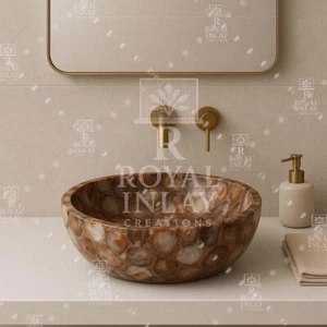 Handmade Brown Agate Stone Sink | Round Gemstone Wash Basin for Luxury Bathrooms - Picture 1 of 8