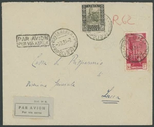 1934 ITALIAN LIBYA PIONEER FLIGHT COVER FROM TRIPOLI TO LUCCA, 2 STAMPS FRANKING - Picture 1 of 2