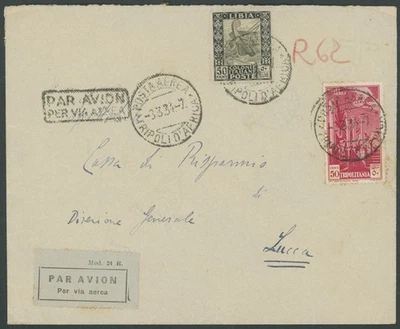 1934 ITALIAN LIBYA PIONEER FLIGHT COVER FROM TRIPOLI TO LUCCA, 2 STAMPS FRANKING - Image 1 of 2