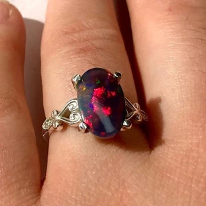 Anello di fidanzamento dichiarazione argento sterling 925 opale nero naturale e zirconi y426 - Foto 1 di 6