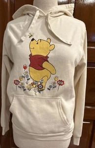 Disney Winnie the Pooh Hooded Sweatshirt SZ Medium Ivory Embroidered Flowers - Picture 1 of 9