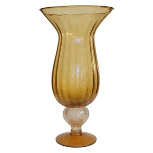 Vintage 18-Inch Golden Amber Murano Glass Vase 1970s Italian Art Glass with Stem - Picture 1 of 10