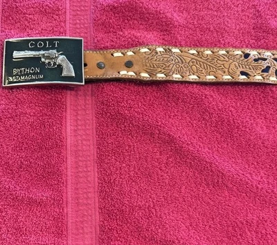 Colt Python 357 Vintage Belt Buckle , includes  46 inch leather belt  - Image 1 of 4