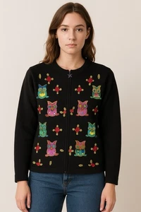 Whimsical Owl Applique Cardigan L Black Sequin Knit Sweater Artsy Retro Y2K - Picture 1 of 10