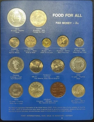 RARE FAO Money Panel 2A Blue 15 coins Food Agriculture UN Silver India, Uruguay - Image 1 of 2