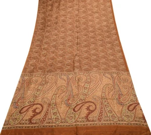 Sushila Vintage Brown Saree 100%Pure Silk Printed Paisley 5 YD Soft Craft Fabric - Picture 1 of 9