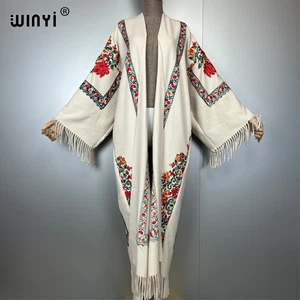 Winter Women Tassel Embroidery Long Coat Loose Robe Femme Thick Warm Cardigan Mi - Picture 1 of 14