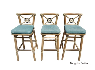 Set of Three Vintage McGuire Bamboo Barstools w Leather Straps & Brass Footrest - Image 1 of 4