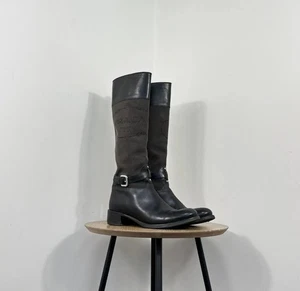 Prada Women’s Jacquard Logo Knee-High Canvas Leather Riding Boots EU37 - Picture 1 of 24