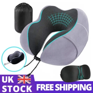 Memory Foam Travel Pillow Neck Support Cushion with Carry Bag Ear Plugs Mask - Picture 1 of 14
