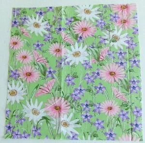 Cotton Fabric Pic D - Pink White Daisies Purple on Green 11 1/4" L x 11 1/8" W - Picture 1 of 2