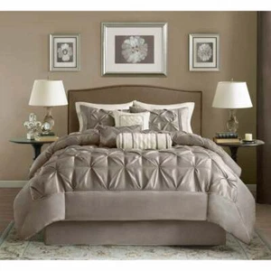 NEW! ~ ELEGANT CHIC TAUPE BROWN WHITE RUFFLE SATIN LUXURY TUFTED COMFORTER SET - Picture 1 of 5