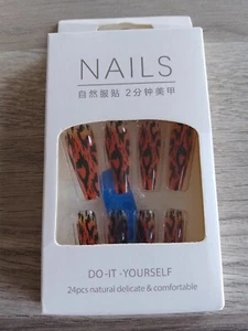 False Nails Animal Print Cat Tiger Pattern Orange Black Brown Coffin Stiletto - Picture 1 of 1