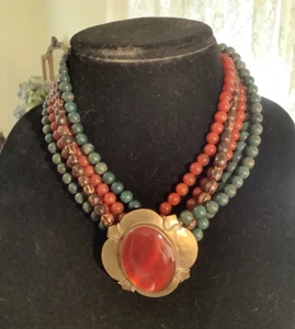 Bib Statement Necklace 5 Stands Natural Stone Carnelian Medalion Bloodstne Jaspr - Picture 1 of 2