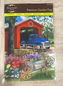 Spring Scene Red Covered Bridge Blue Truck Garden Flag Briarwood Lane 12.5"x18" - Picture 1 of 1