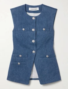 Gilet denim VERONICA BEARD Tamara 10 blu tono argento bottoni senza maniche nuovo con etichette - Foto 1 di 10