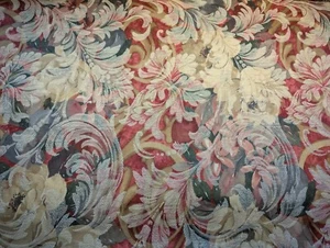 Grandma Chic Floral White Silk Leaves Blue Red Bkgrnd Tapestry Fabric 6.5 Yards - Picture 1 of 4