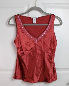 VTG NWT Nine West Silk Satin V-Neck Beaded Babydoll Top Pullover Dark Orange 4 - Picture 1 of 5