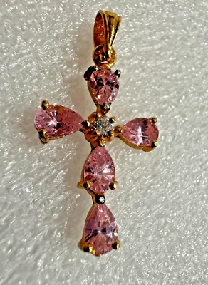 Colgante Cruz Cristal Rosa Oro 925 Vermeil Superposición Delicado Preciosa Calidad Foto 1 de 4