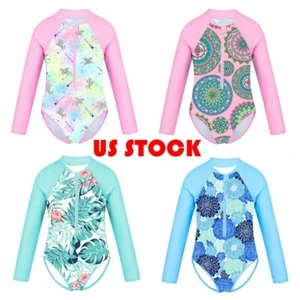 One-piece Kids Girls Palm Printed Long Sleeve Swimsuit Bathing Suit Swimwear - Picture 1 of 45