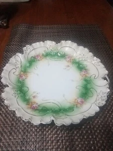 Antique RS Prussia Double Open Handled Cake Plate Green/Pink Flowers ruffled edg - Picture 1 of 6