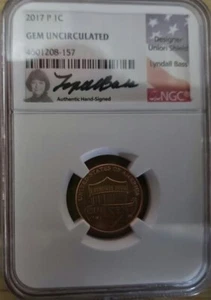 2017-P 1c Shield Penny, NGC Gem UNC. First P Mint Mark Cent, Lyndall Bass Signed - Picture 1 of 3