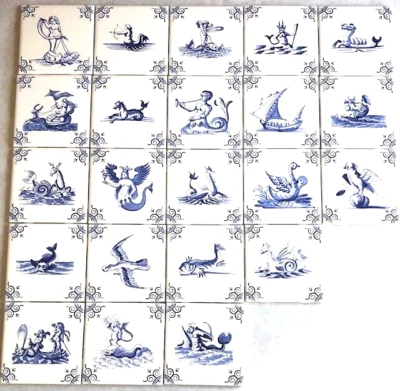 Sea Mythology Blue Delft Design Kamin Keramikfliesen 22er Set Ofen gebrannt NEU - Bild 1 von 4