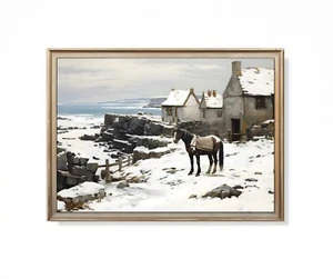 Rustic Winter Oil Painting Vintage Cottage Print Antique Wall Art Horse Print - Picture 1 of 3