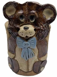 Teddybär Keramik Kunst Übertopf Vase handgefertigt Künstler signiert Vintage 6 Zoll - Bild 1 von 8
