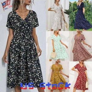 Womens Floral Boho V Neck Midi Dress Summer Holiday Short Sleeve Swing Sundress - Picture 1 of 29