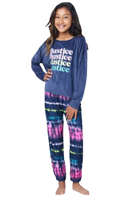 Justice Girls Pajamas Set Size 7/8 2 Piece Blue Logo Top And Tie Dye Pants Soft - Image 1 of 4