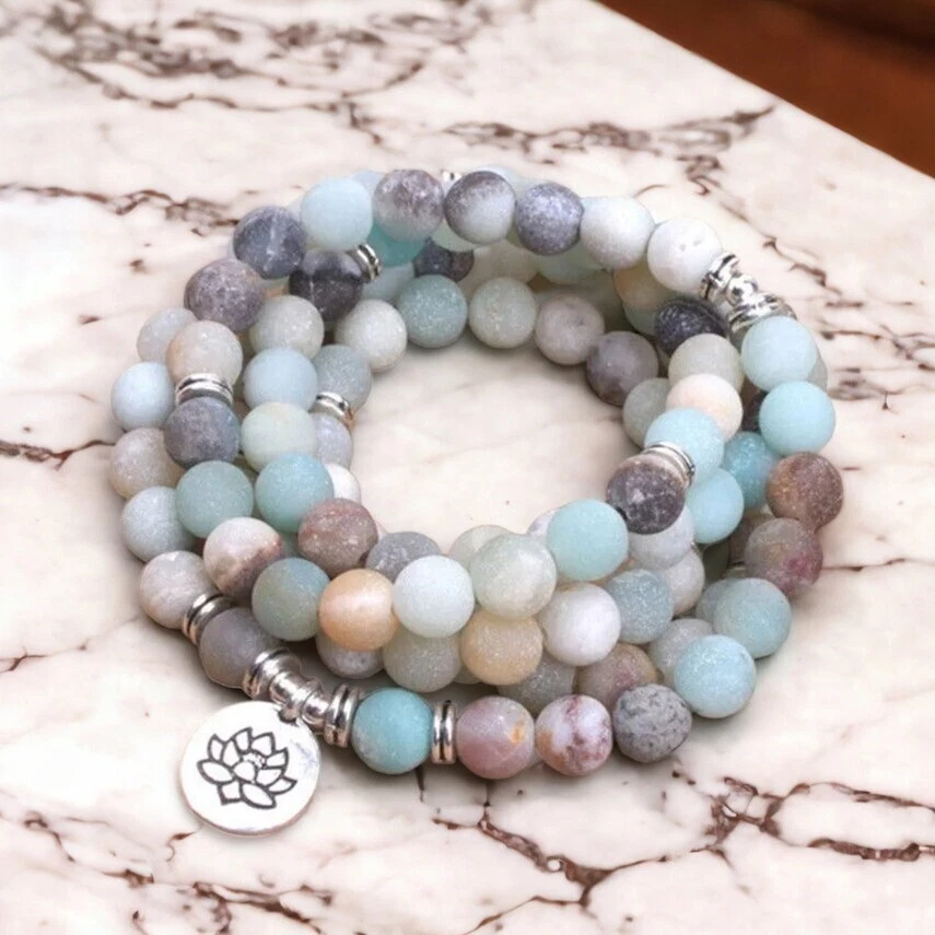 108 contas de mala naturais 8 mm pulseira envoltório de pedra amazonita feita à mão - Imagem 1 de 2