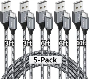 5 Pack Braided USB C Type-C Fast Charging Data SYNC Charger Cable Cord 3/6/10FT - Picture 1 of 25