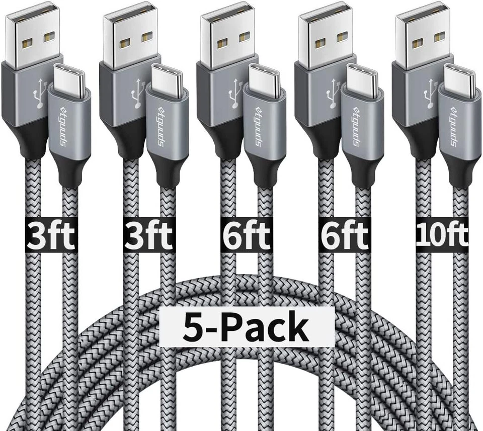 5 Pack Braided USB C Type-C Fast Charging Data SYNC Charger Cable Cord 3/6/10FT - Image 1 of 4