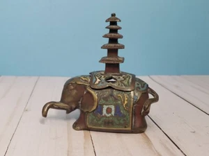 Chinese Bronze Metal Cloisonné Enamel Elephant Pagoda Incense Burner 4” Vintage - Picture 1 of 9