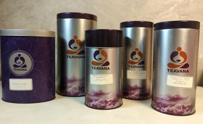 Lot Of 5 Teavana Loose Leaf Tea Tin Canisters Airtight Lids Purple 8” 7” 6”  - Image 1 of 4