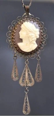 ATEMBERAUBEND GROSS ANTIK JUGENDSTIL FILIGRAN CAMEE ANHÄNGER + KETTE 900S.+835S. - Bild 1 von 4