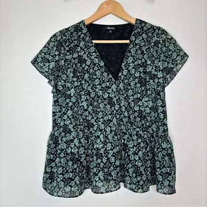 Madewell Georgette Ruffle-Sleeve Peplum Top in Green Black Fleur Field Size M - Picture 1 of 13